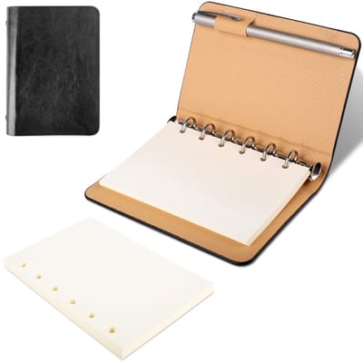 Dailygoods - Notitieboek, A7, klein notitieboek, mini-notitieboek, 6 ringen, ringband, notitieboek A7, leer met navulbaar papier, notitieboek voor school, kantoor, schrijven, tekenen