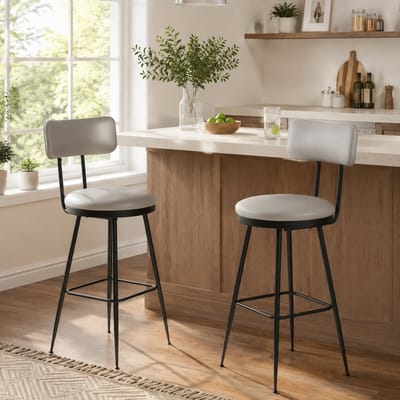 Set van 2 Barkrukken - Zithoogte 86 cm - Rond Design - Barstoel - met Rugleuning en Voetsteun - Industriële - Metalen frame - leer Grijs