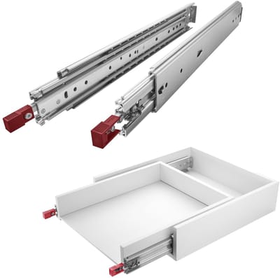 1 paar SOTECH VarioSlide KV2-200-H76-L500-EH zware ladegeleiders, 508 mm, met lock-in/out-functie, rood. Zware, volledig uittrekbare ladegeleiders, belastbaar tot 200 kg.