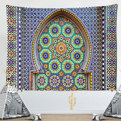 Géométrie 3D Mandala Grande Tapisserie Décoration Murale Décor Boho Polyester Hippie Soleil Lune Tapis Décor de Dortoir Chakra 95x70CM blue