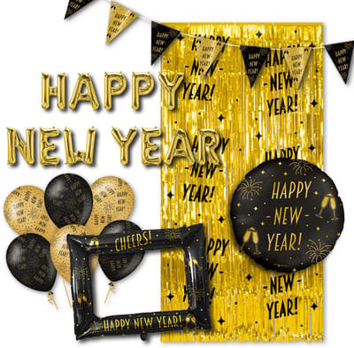 LUQ – Zwart Goud Glam Set Happy New Year – Luxe Nieuwjaar Feest Versiering met Ballonnen, Slingers, Gordijn & Fotoframe