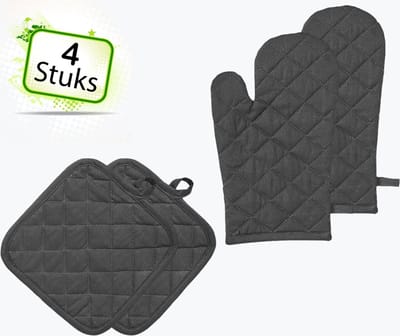 Homéé ovenwanten en pannenlappen hittebestendig - Zwart - 4 delige sets