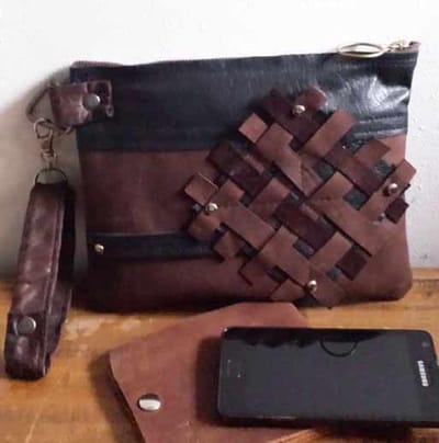 Toetie & Zo Handgemaakte Leren Clutch Patchwork 7, tasje, makeuptas, bruin, leer