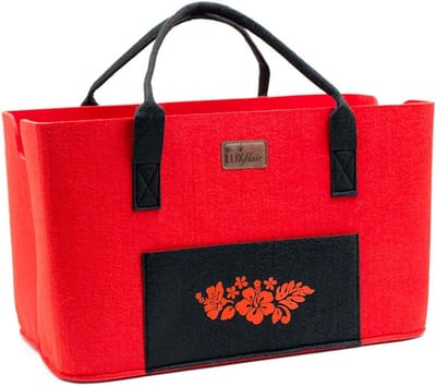 Extra Grote Wasbare Shopper Tas van Zwart/Rood Vilt met Hibiscus - Robuuste Boodschappentas