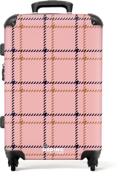 NoBoringSuitcases.com - Grote koffer dames - Roze ruitstructuur met bruine en zwarte accenten - Reiskoffer met 4 wielen - Trolley op wieltjes - Rolkoffer groot vrouwen - 72 liter - Ruimbagage valies 20kg - Valiezen voor volwassenen