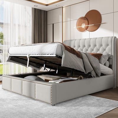 Sweiko Gestoffeerd bed, met hydraulische hendel, opslag van bedkisten, klinknagels decoratie, 140 x 200 cm(zonder matras)，grijs