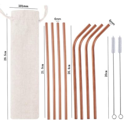 Set van 10 roestvrijstalen rietjes + tas (inclusief 2 schoonmaakborstjes), herbruikbaar, milieuvriendelijk, geschikt voor cocktails, smoothies en sappen,Roségoud