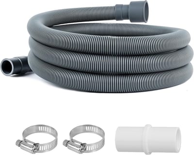6ft Universal Washing Machine Drain Hose Extender – Gray Flexible Drain Hose Kit for Dishwashers & Corrugated Washers – with 1 Adapter & 2 Clamps