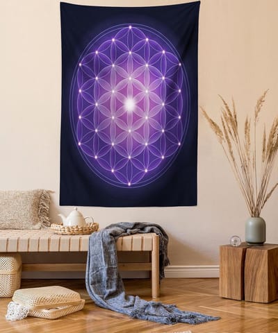 ABAKUHAUS Levenbloem Tapijt, Bloemen van het Leven Sterren, Woonkamer Slaapkamer Wanddoek Zijdezacht Satijn Tapijt, 150 x 200 cm, Donkerblauw Violet
