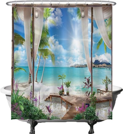 Ulticool Douchegordijn - Doorkijk Strand Zee Natuur - 180 x 200 cm - met 12 ringen - Anti Schimmel - Waterdicht & Wasbaar - Semi Transparant - Blauw Wit Groen