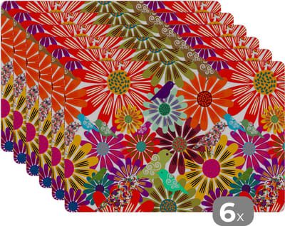 Placemat - Placemats kunststof - Regenboog - Bloemen - Patronen - Hippie - 45x30 cm - 6 stuks - Hittebestendig - Anti-Slip - Onderlegger - Afneembaar