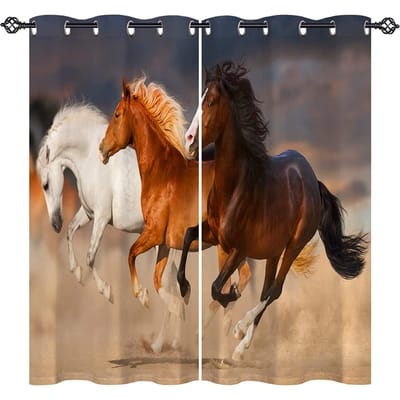 3D Print Patroon van Schilderij Kunst Paarden Rennen op Bos Rivier Beek Gordijnen 3D Print Raamgordijnen Voor Slaapkamer Woonkamer 100W160H(CM)40x63in&Grommet Top