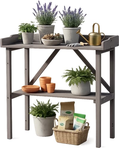 M-Goods - Plantentafel Buiten - Houten Oppottafel - Plantenrek met Opbergrek - Tuin Werktafel - Vurenhout Grijs