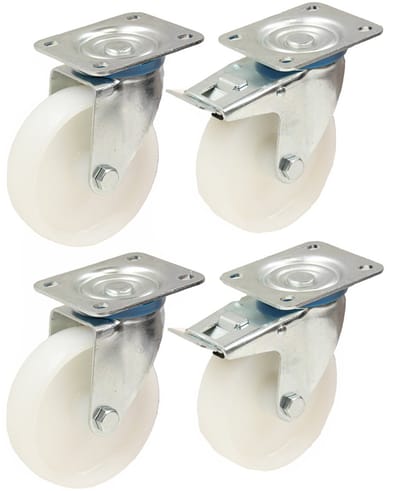 Set van 125 mm (5 inch) nylon zwenkwielen voor zwaar gebruik met rem, draagvermogen 170 kg per stuk -