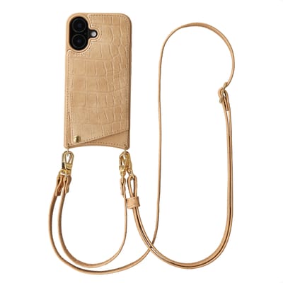 Selencia Hoesje - Geschikt voor Apple iPhone 17 - Croco Backcover met koord en pashouder - Toasted Almond