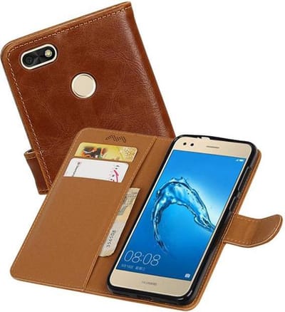 Zakelijke Book Case Telefoonhoesje Geschikt voor de Huawei P9 Lite Mini - Portemonnee Hoesje - Pasjeshouder Wallet Case - Bruin