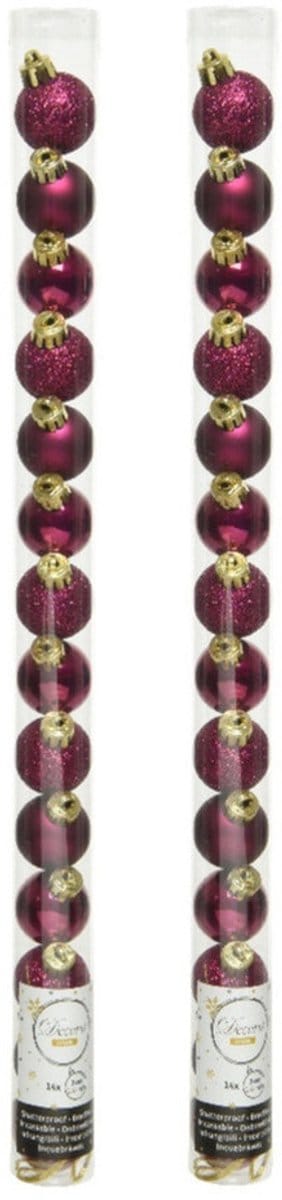 Decoris Mini kerstballen - 28x stuks - framboos roze - Dia 3 cm - kunststof - kerstversiering - kleine ballen