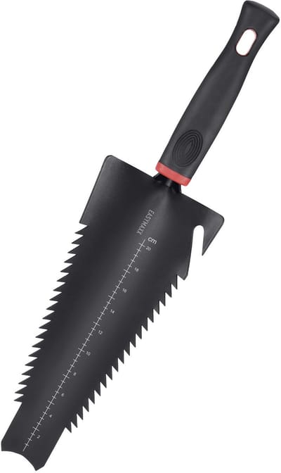 EASYmaxx 4-in-1 wortelschep, multifunctionele schep voor het graven, doorsnijden en beplanten, 4-in-1 wortelschep met schep, zaag, dieptemeter en multihaak, root-digger met antislipgreep