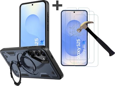 Hoesje Geschikt voor Samsung Galaxy S25 met 3 Stuks gehard glas Screenprotectors - Armor hoes met Ringhouder - Arara backcover - Navy