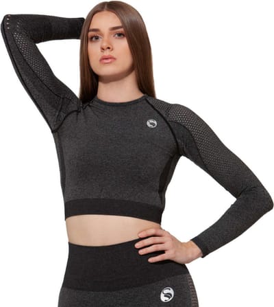 Dames sport crop top - sportshirt lange mouwen - sporttop - Zwart Melange - Maat S