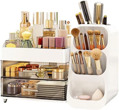 Grote cosmetische organizer met 3 lades, draagbare make-upopslag voor bureau, reizen en badkamer, ideaal voor make-upliefhebbers en professionals