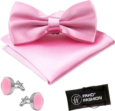 Fako Fashion - Vlinderstrik, Pochette & Manchetknopen - Vlinderdas - Strikje - Pochet - Satijn - Roze