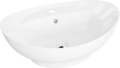 Oval top washbasin with overflow and tap hole - Modern porcelain bathroom sink 59.5 x 39 x 17.5 cm white