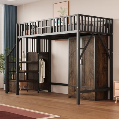 MODENUIT Hoogslaper 90x200 cm – Met kledingkast, lade en opbergtrap – Metaal en hout – Zonder matras – Zwart