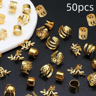 50PCS Anneaux à Cheveux Creux Tressés Sales Style Vintage Alliage Ensemble d'Anneaux à Cheveux - Accessoires pour Cheveux Ronds Évidés pour Femmes et Filles, or