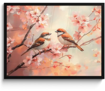 Poster in lijst - Fotolijst 70x50 cm - Posters - Vogels - Romantic - Bloesemtak - Posterlijst zwart - Decoratie - Wanddecoratie woonkamer - Muurdecoratie slaapkamer
