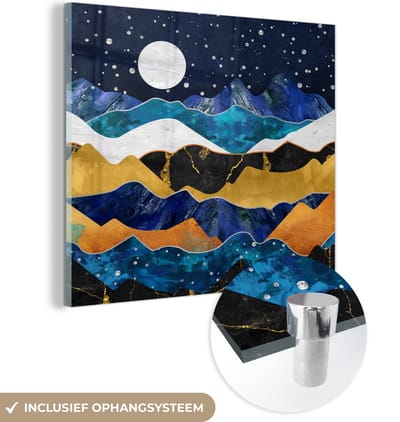 MuchoWow® Glasschilderij 50x50 cm - Schilderij acrylglas - Nacht - Goud - Marmer - Abstract - Landschap - Berg - Foto op glas - Muurdecoratie woonkamer - Wanddecoratie slaapkamer - Schilderijen