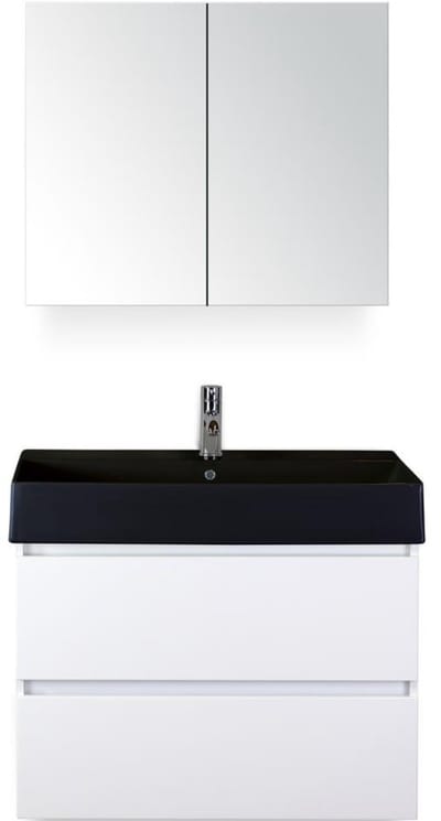 Maxx XL Badmeubelset 80 cm - Wit Hoogglans - Wastafel Kube Zwart 1 Kraangat met Spiegelkast