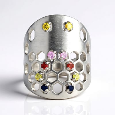 Cavill - Zilveren Ring - 925 Sterling Zilver Geplatineerd - 0 381 ct Gele Saffier Rondslijpsel - Moderne Open Vorm Met Blauwe & Paarse Saffieren