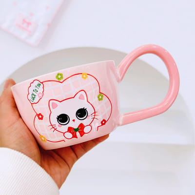 Chaton avec Cuillère Mignon Dessin Animé Haute Valeur Grande Capacité Mug Souvenir Fille Couple Ensemble de Tasses en Céramique 350ML