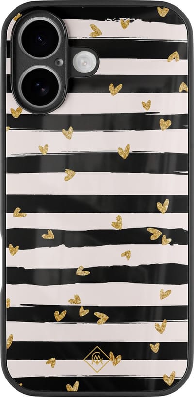 Casimoda® hoesje - Geschikt voor iPhone 16 - Hart Streepjes - Luxe Hard Case Zwart - Backcover telefoonhoesje - Zwart
