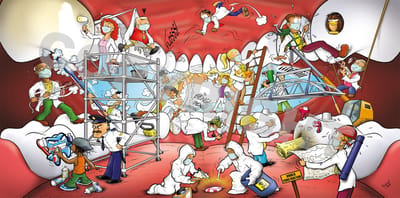 Cartoon plafondplaat - Poster - Roland Hols - Tandwerkzaamheden - 120 x 60 cm - Forex 10 mm dik - Tandarts - Orthodontist -Mondhygiënist - voor boven de behandelstoel