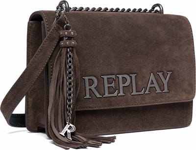 REPLAY Leren Schoudertas Crossbody Bag DK Brown Wood Donkerbruin