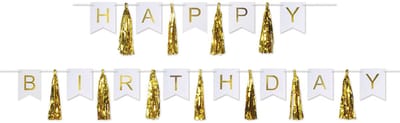 360 DEGREES - Slinger kwastje Happy Birthday goud en wit 4,56 m van karton