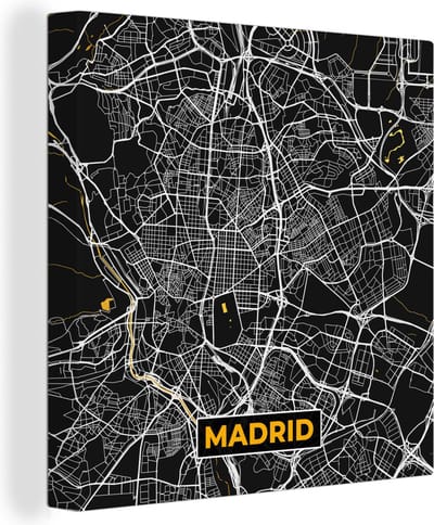 Canvas Schilderij Madrid - Goud - Stadskaart - Plattegrond - Kaart - 20x20 cm - Wanddecoratie