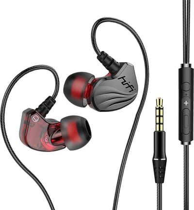 DrPhone Hi15 AUX 3.5mm In-Ear Oordoppen - Dynamische BASS - Oortelefoon met microfoon - Oorhaak Design - Passief ruisonderdrukking - Grijs/Zwart