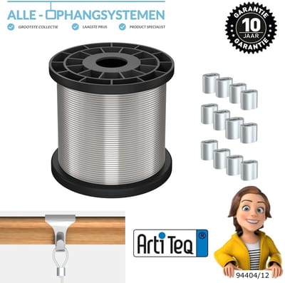94404/GT0762 Artiteq-Perlondraad 100 meter rol met 25 knelbusjes-ophangsysteem-schilderij-fotolijst-ophangsystemen schilderijen