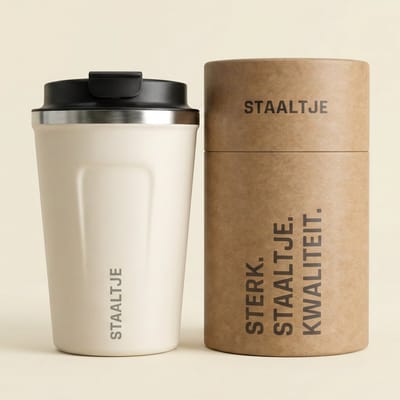 STAALTJE® - Premium RVS Thermosbeker - 380ML - Wit/Creme - Koffiebeker - Theebeker - Reisbeker - Herbruikbaar - Hergebruik - Dubbelwandig 304 Roestvrijstaal - Duurzaam