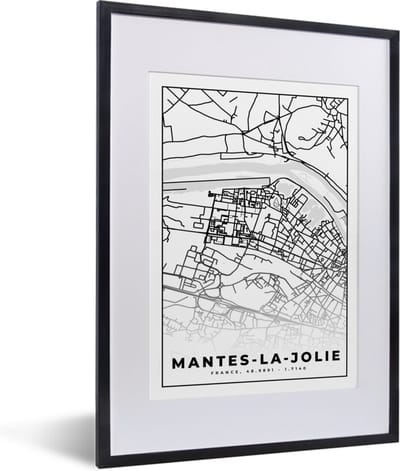 Fotolijst incl. Poster Zwart Wit- Frankrijk - Plattegrond - Stadskaart - Kaart - Mantes-la-Jolie - Zwart wit - 30x40 cm - Posterlijst