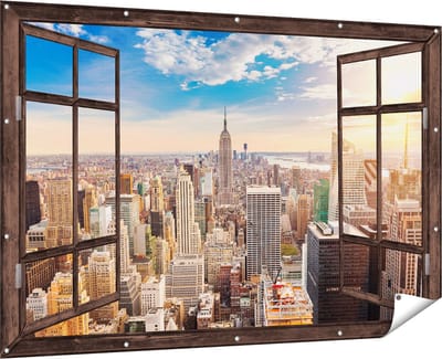 Gards Tuinposter Doorkijk New York Manhattan tijdens Zonsondergang - 180x120 cm - Tuindoek - Tuindecoratie - Wanddecoratie buiten - Tuinschilderij