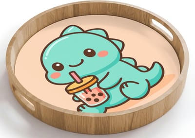 Dienblad rond 40x40 cm - Schootdienblad hout - Dino - Boba - kawaii - Oranje - Borrelplank rechthoek - Plateau houten dienbladen
