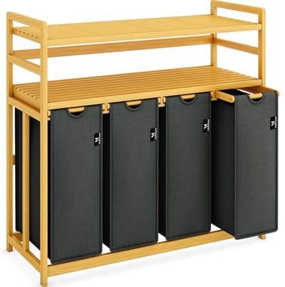 Wasmand met vakken - Wassorteerder organizer - Was sorteren - Bamboe frame - 200 liter - Grijs