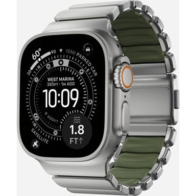 Nomad Stratos Horlogeband Natural Hardware 45/46/49mm – Titanium Hardware van Klasse 4 – Krasbestendige DLC-Coating – Compatibel met Apple Watch Ultra 1-3, Series 1-11, en SE - Groen