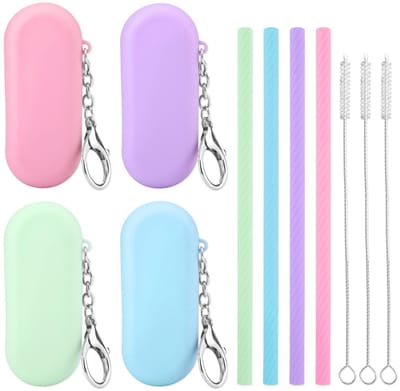Dailygoods- Siliconen Rietjes Set van 4 - Herbruikbaar - Opvouwbaar - Inclusief Reinigingsborstels - Opbergdozen - Sleutelhangers - Veilig Siliconenmateriaal - Herbruikbare Rietjes