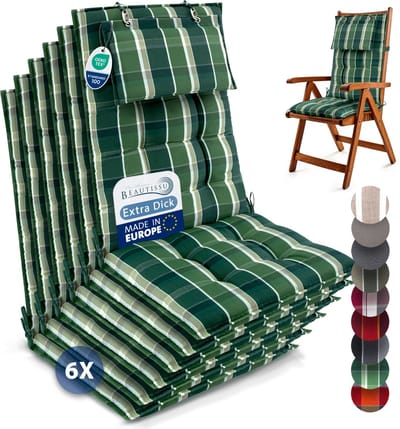 Beautissu Sun-HL - Set van 6 Premium Hoge Rugleuning Kussen met Hoofdkussen 120x50 cm – UV-bestendig & 8cm Dik Kussen Tuinstoelkussen Antislip Bevestigingsbanden – Stevige Stof Groen geblokt