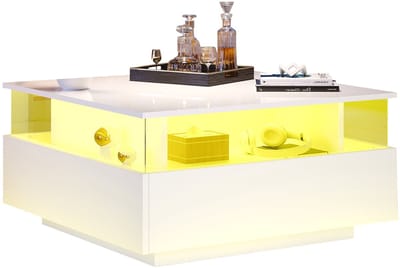 Merax Salontafel Wit Hoogglans – 70x70 cm – Verlichting via APP – 2 Lades – Displayvlak
